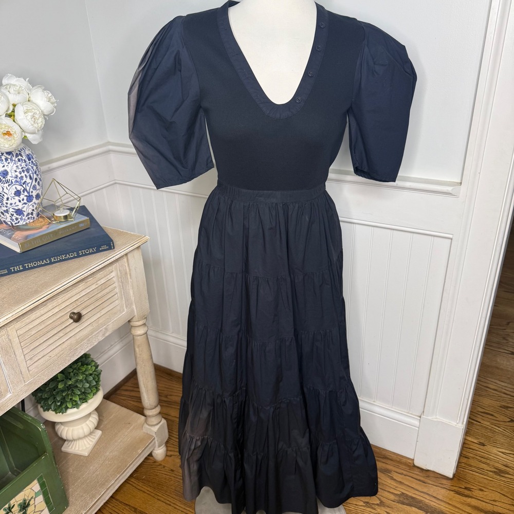 Ulla Johnson Black Mixed Media Puff Sleeve Tiered Midi Dress V-Neck Ribbed Skirt